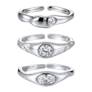 Cubic Zirconia Geometric Oval and Round Setting  925 Sterling Silver Adjustable Open Band Minimalist Wavy Ring &ndash; 925 sterling silver
