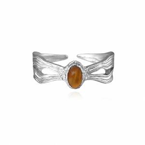 Natural Brown Tiger Eye Oval Cabochon 925 Sterling Silver Ring with Wavy Texture and Openwork Design  Ring &ndash; 925 sterling silver