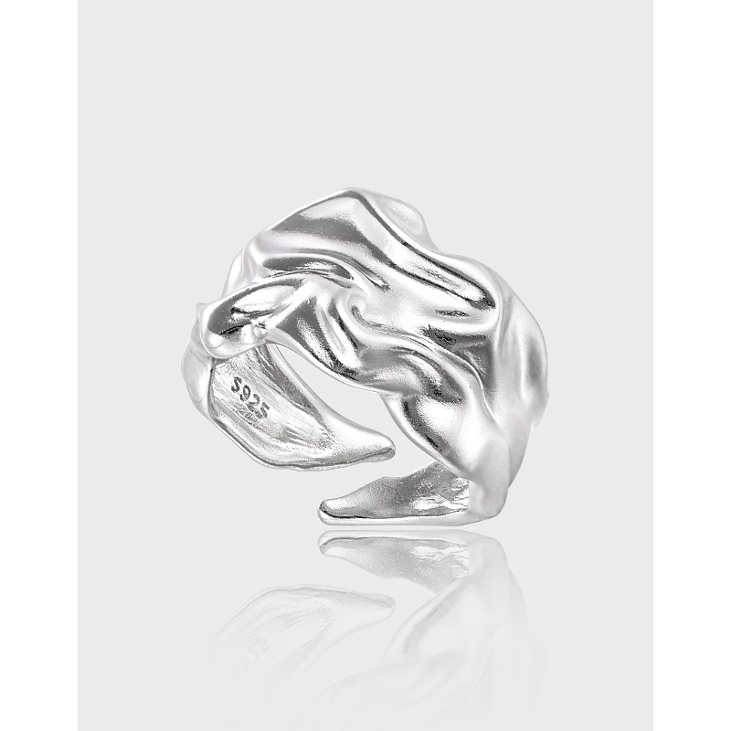 Pure Metal Irregular Wrinkled Textured Wide Band Open Adjustable Ring &ndash; 925 sterling silver