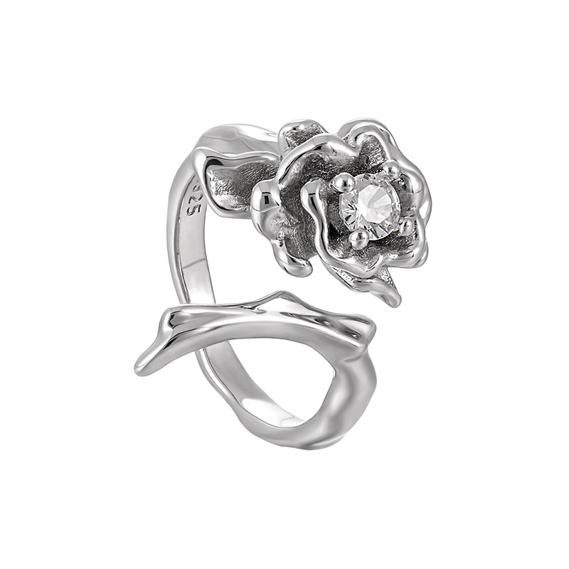 Vintage Thorn CZ Rose Flower 925 Sterling Silver Adjustable Ring &ndash; 925 sterling silver