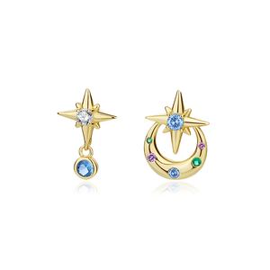 Asymmetry Colorful CZ Crescent Moon Eight Awn Star 925 Sterling Silver Stud Earrings &ndash; 925 sterling silver