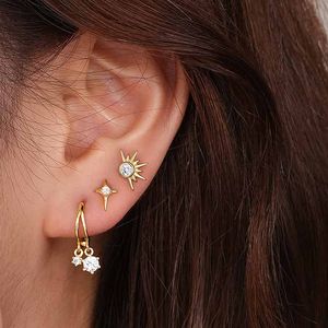 Simple White CZ Crescent Moon Star Sunshine 925 Sterling Silver Stud Fangling Earrings &ndash; 925 sterling silver