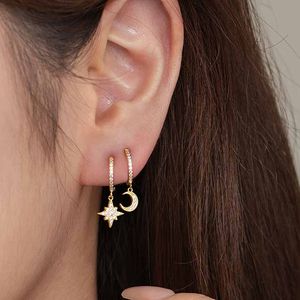 Women Irregular CZ Crescent Moon Star 925 Sterling Silver Dangling Earrings &ndash; 925 sterling silver