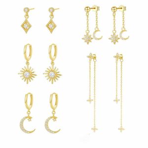 Beautiful Gold CZ Crescent Moon Sunshine Star 925 Sterling Silver Dangling Earrings &ndash; 925 sterling silver