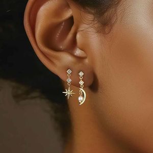 Beautiful Golden CZ Crescent Moon Star 925 Sterling Silver Dangling Earrings &ndash; 925 sterling silver