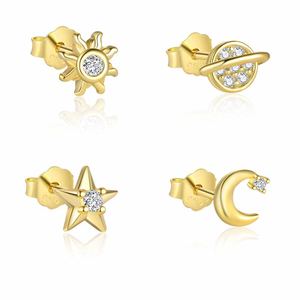 Cute Gold CZ Planet Star Sun Crescent Moon 925 Sterling Silver Stud Earring (Single) &ndash; 925 sterling silver