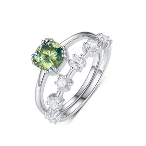 Blue Green Round Moissanite Curved Row Stack 925 Sterling Silver Ring &ndash; 925 sterling silver