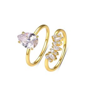 Women’s Striped Design Pear-Shaped Moissanite Two-Piece Stackable Set of 925 Sterling Silver Rings &ndash; 925 sterling silver