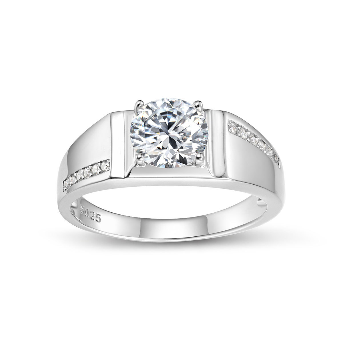 Round Solitaire D Color Center Stone Men's S925 Silver Geometric Band Moissanite Ring &ndash; 925 sterling silver