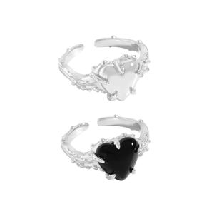 Girl Black Agate Love CZ Heart 925 Sterling Silver Adjustable Ring &ndash; 925 sterling silver