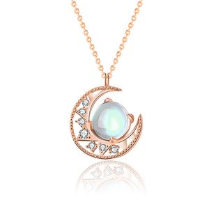 Lady Natural Moonstone Crescent Moon CZ 925 Sterling Silver Necklace &ndash; 925 sterling silver