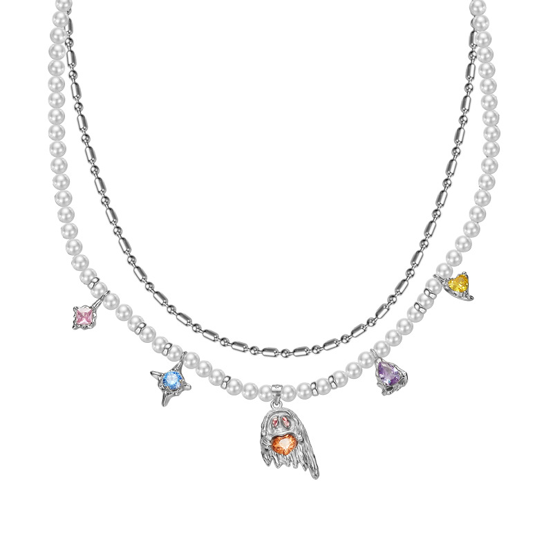 Halloween Colorful CZ Ghost Shell Pearls 925 Sterling Silver Double Layers Necklace &ndash; 925 sterling silver