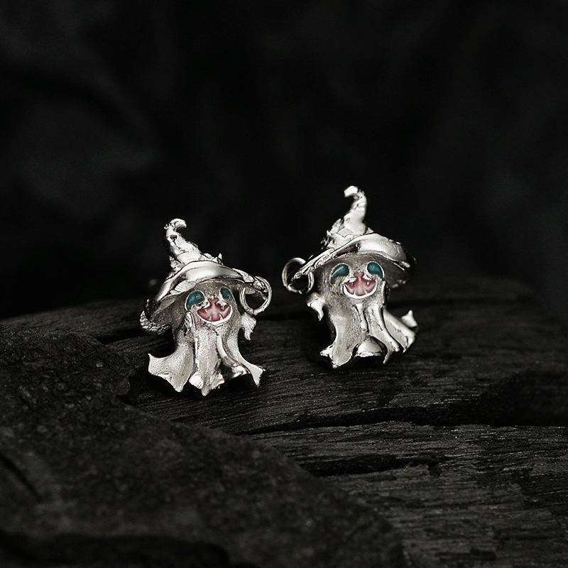 Halloween Holiday Magic Hat Ghost CZ 925 Sterling Silver Stud Earrings &ndash; 925 sterling silver