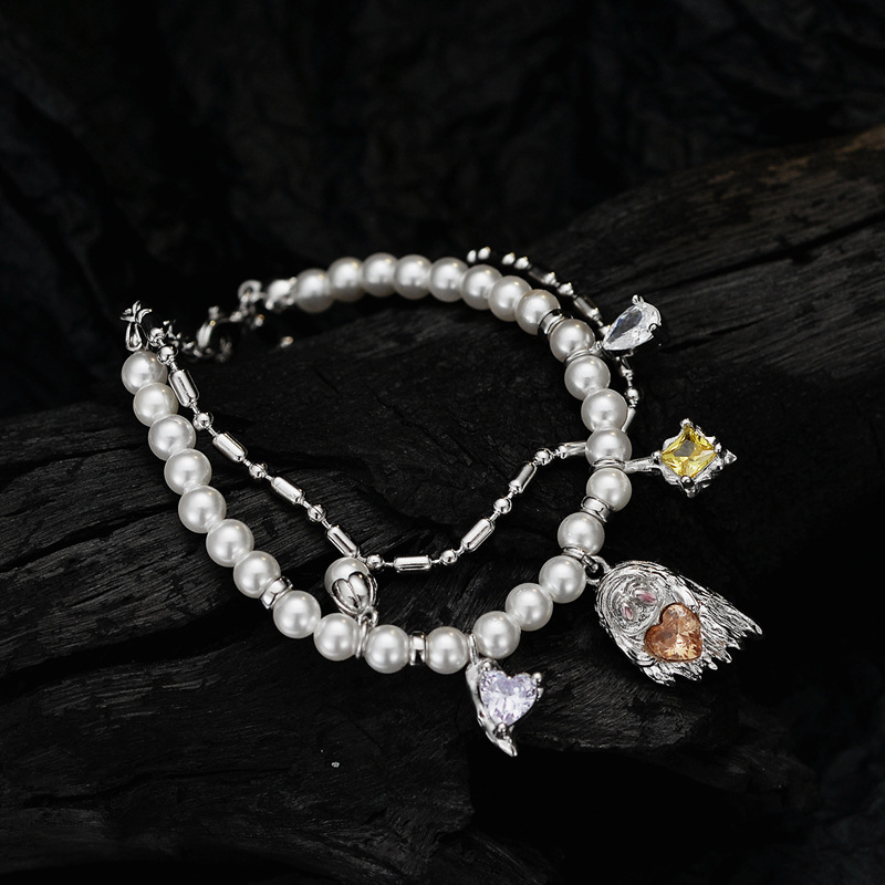 Halloween Colorful CZ Ghost Shell Pearls 925 Sterling Silver Double Layers Bracelet &ndash; 925 sterling silver