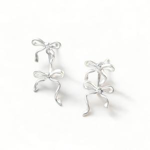 Pure Metal Frosted Double Bow Stud Earrings In Silver S925 Sterling Silver Minimalist Ins Style Delicate Ribbon Ear Stud Earrings &ndash; 925 sterling silver