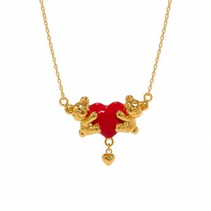 925 Sterling Silver Gold Plated Double Bear Red Enamel Heart Pendant Necklace &ndash; 925 sterling silver