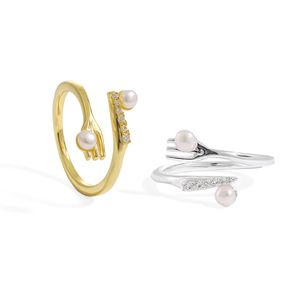Fashion Round Natural Pearl Fork CZ Knife 925 Sterling Silver Adjustable Ring &ndash; 925 sterling silver