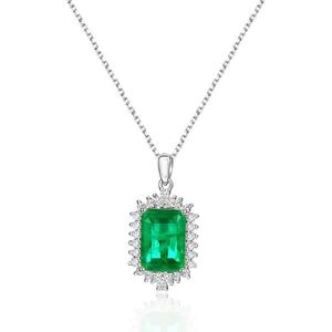 Emerald Green Rectangular Synthetic Emerald Zircon Halo S925 Sterling Silver Pendant Necklace &ndash; 925 sterling silver