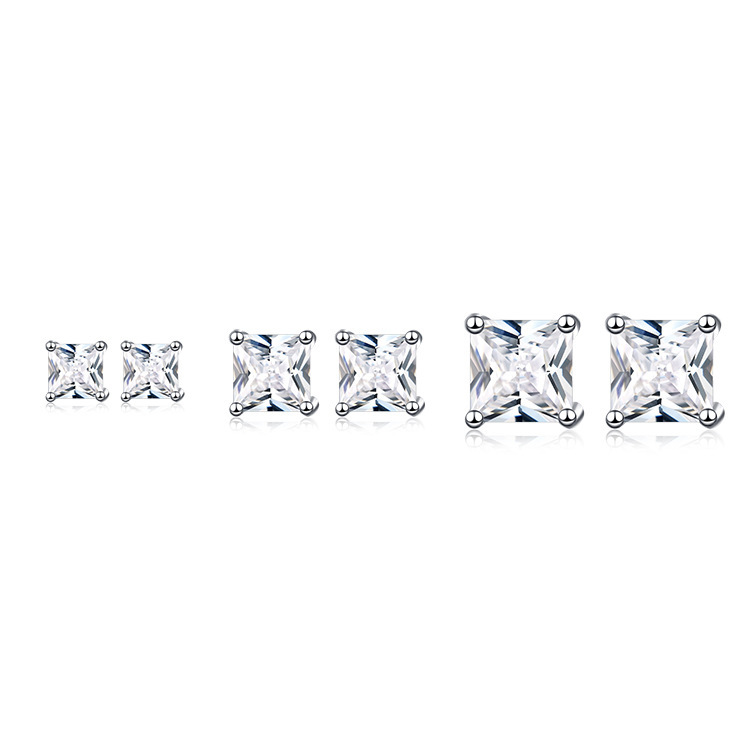 Princess Cut Cubic Zirconia Four Prong 925 Sterling Silver Stud Earrings Geometric White Gold Color Minimal Unisex Earrings &ndash; 925 sterling silver