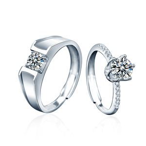 Couple Geometry Round Moissanite CZ Crown Square 925 Sterling Silver Adjustable Ring &ndash; 925 sterling silver