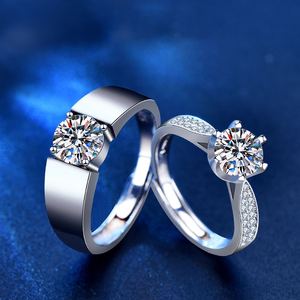 Simple Round Moissanite CZ  925 Sterling Silver Adjustable Couple Ring &ndash; 925 sterling silver
