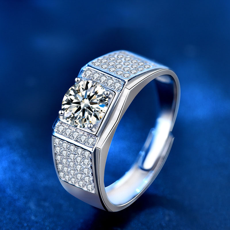 Men's Round Moissanite CZ Micro Setting Wide 925 Sterling Silver Adjustable Ring &ndash; 925 sterling silver