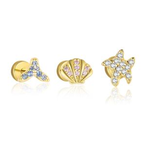 Ocean-themed cubic zirconia. Mermaid tail shell starfish. 18K gold coating. S925 silver Earring &ndash; 925 sterling silver