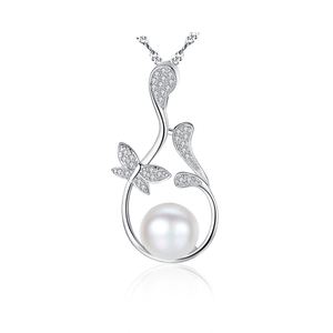 Natural Pearl On CZ Flower Branch 925 Silver Necklace &ndash; 925 sterling silver