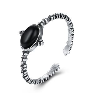 Retro Oval Created Obsidian 925 Sterling Silver Adjustable Ring &ndash; 925 sterling silver