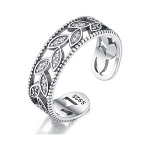 Vintage CZ Leaves 925 Sterling Silver Adjustable Ring &ndash; 925 sterling silver