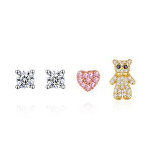 Cute Asymmetry CZ Heart Bear 925 Sterling Silver Stud Earrings Set &ndash; 925 sterling silver