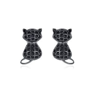 Cute Black CZ Cat Animal 925 Sterling Silver Stud Earrings &ndash; 925 sterling silver
