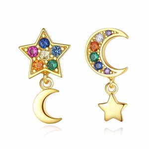 Asymmetry Colorful CZ Crescent Moon Stars 925 Sterling Silver Stud Earrings &ndash; 925 sterling silver