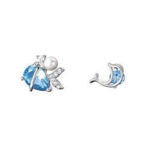Asymmetrical Dolphin Mermaid Tail Blue Cubic Zirconia S925 Sterling Silver Ear Stud Earrings &ndash; 925 sterling silver