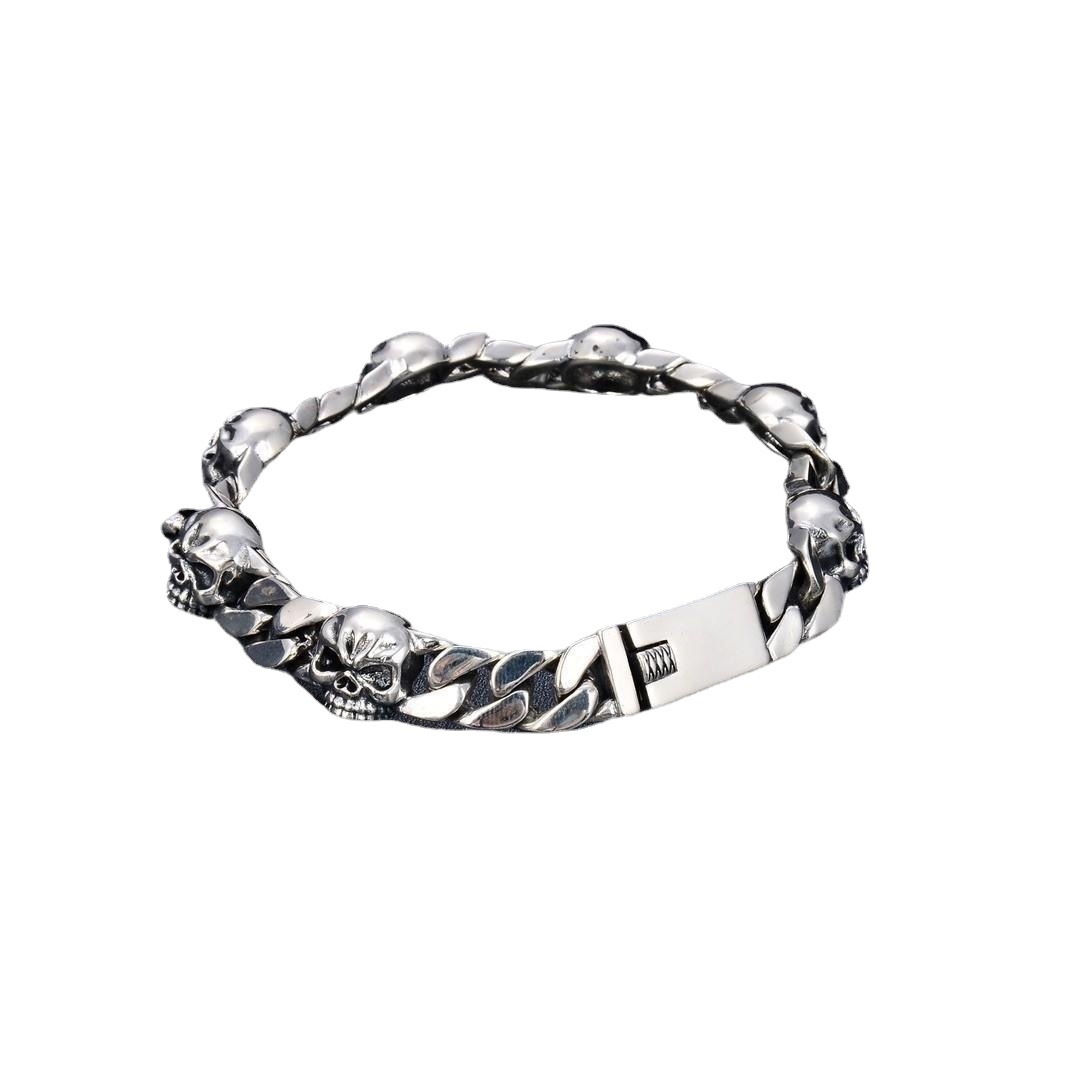 Fashion Men's CZ Skulls Vintage 925 Sterling Silver Curb Chain Bracelet &ndash; 925 sterling silver