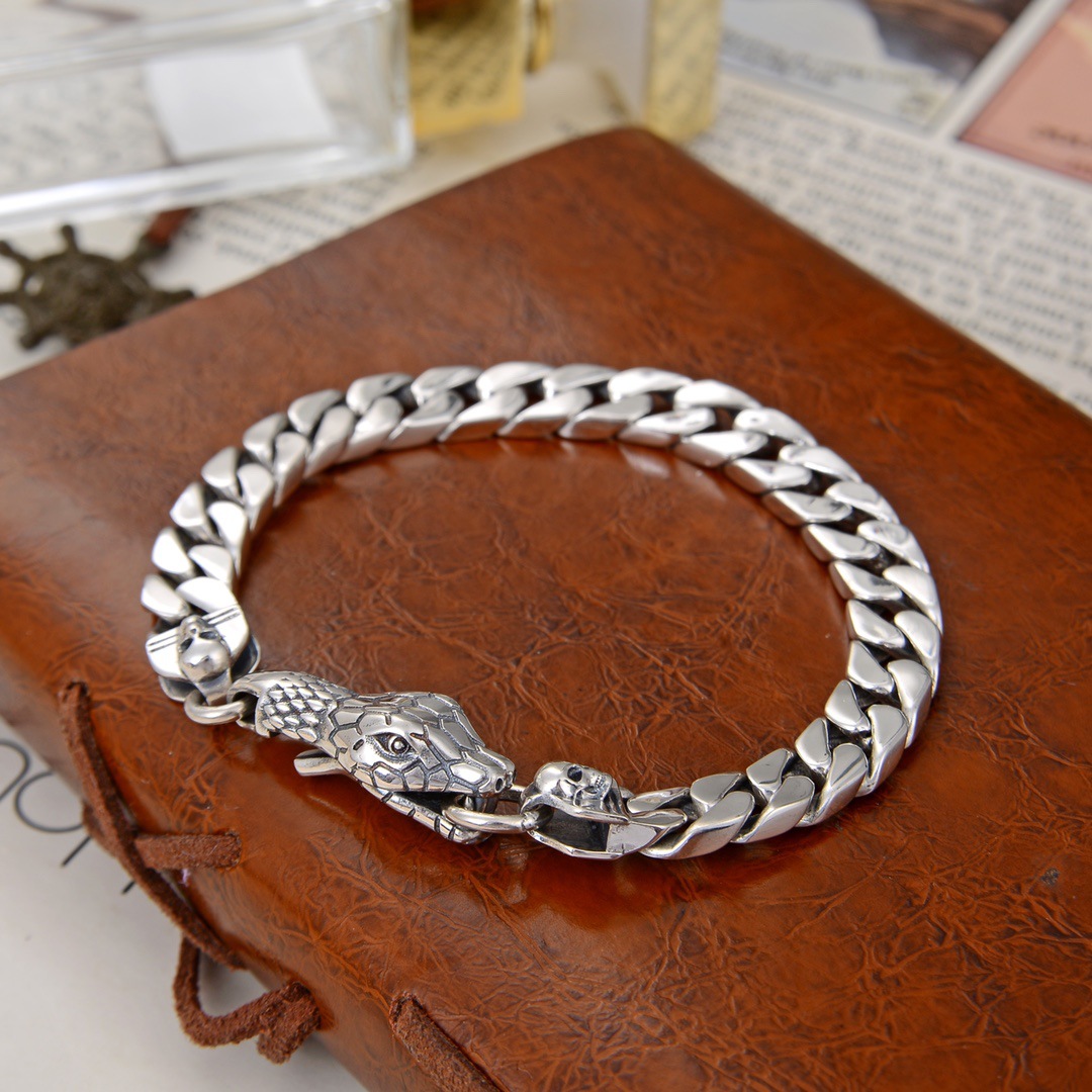 Men's Fashion Snake Head 925 Sterling Silver Curb Chain Bracelet &ndash; 925 sterling silver