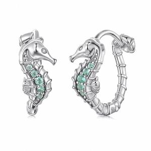925 Sterling Silver with Cubic Zirconia and Blue-Green Glass Seahorse Hoop Earrings &ndash; 925 sterling silver