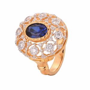 Elegant Oval Created Sapphire Hollow CZ Flower 925 Sterling Silver Ring &ndash; 925 sterling silver