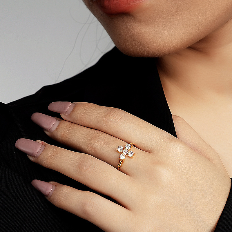 Adjustable Geometric Cross Design Cubic Zirconia 925 Sterling Silver Open Ring for Women in White Gold and Yellow Gold, Korean Style INS Fashion Versatile Elegant Jewelry 2025 New