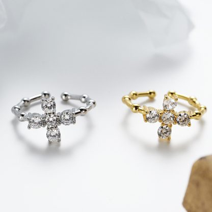 Adjustable Geometric Cross Design Cubic Zirconia 925 Sterling Silver Open Ring for Women in White gold-plated and Yellow gold-plated, Korean Style INS Fashion Versatile Elegant Jewelry 2025 New