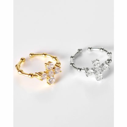 Adjustable Geometric Cross Design Cubic Zirconia 925 Sterling Silver Open Ring for Women in White gold-plated and Yellow gold-plated, Korean Style INS Fashion Versatile Elegant Jewelry 2025 New