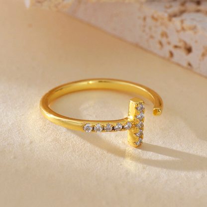 Geometric T Bar Cubic Zirconia Open Ring 925 Sterling Silver Minimalist Line Design Adjustable Ring