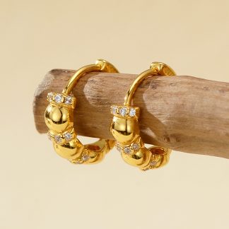 Geometric Oval Bead Spaced Cubic Zirconia 18K gold-plated Rhodium 925 Sterling Silver Hoop Huggie Earrings