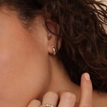 Geometric Oval Bead Spaced Cubic Zirconia 18K gold-plated Rhodium 925 Sterling Silver Hoop Huggie Earrings