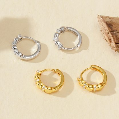 Geometric Oval Bead Spaced Cubic Zirconia 18K gold-plated Rhodium 925 Sterling Silver Hoop Huggie Earrings