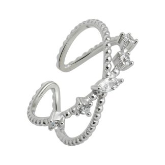 Cubic Zirconia Cross Style Open Adjustable Band 925 Sterling Silver Ring