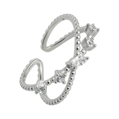 Cubic Zirconia Cross Style Open Adjustable Band 925 Sterling Silver Ring