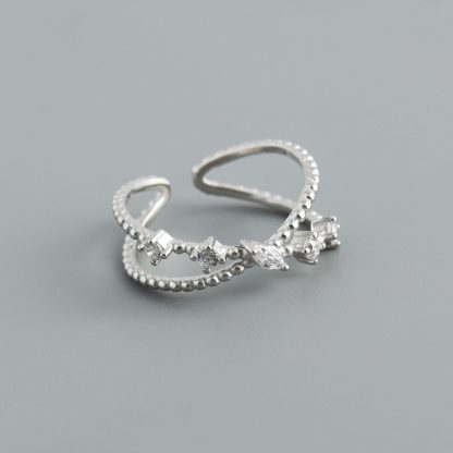 Cubic Zirconia Cross Style Open Adjustable Band 925 Sterling Silver Ring