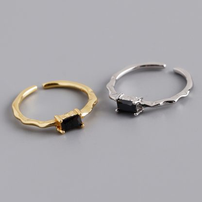 Black Rectangular Textured Irregular Adjustable 925 Sterling Silver Ring