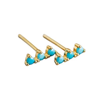 Geometric Three Stone Bar Stud Earrings with Cubic Zirconia and Turquoise in 925 Sterling Silver Stud Earrings